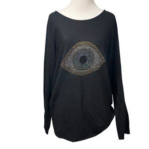 Rachel Zoe Black Crewneck Sweater with Studded Eye Motif